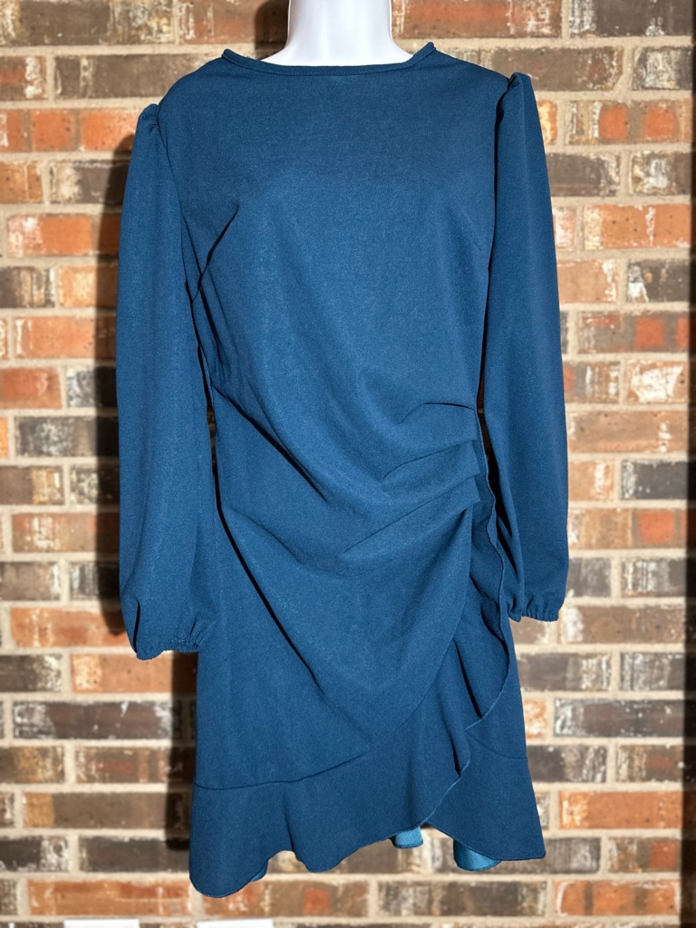 Teal Blue Long-Sleeve Ruffle Side-Drape Dress